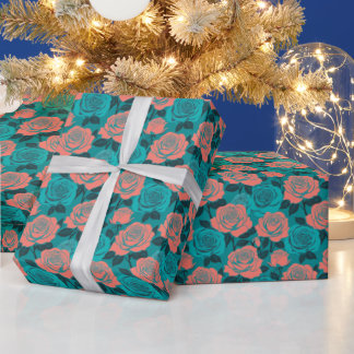 Boldly Stylized Roses In Shades Of Teal And Turquo Wrapping Paper