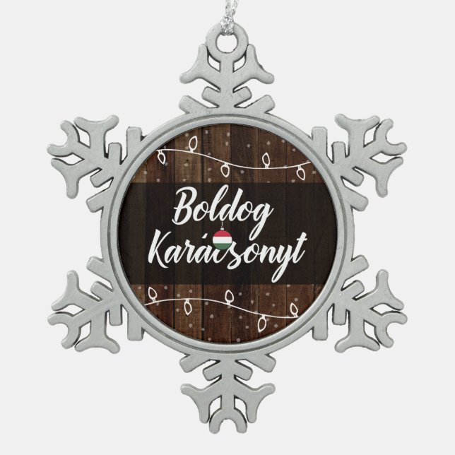 Boldog Karácsonyt Hungarian Merry Christmas Snowflake Pewter Christmas Ornament (Front)