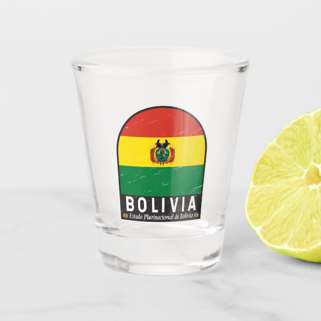 Bolivia Flag Emblem Distressed Vintage Shot Glass (Front)