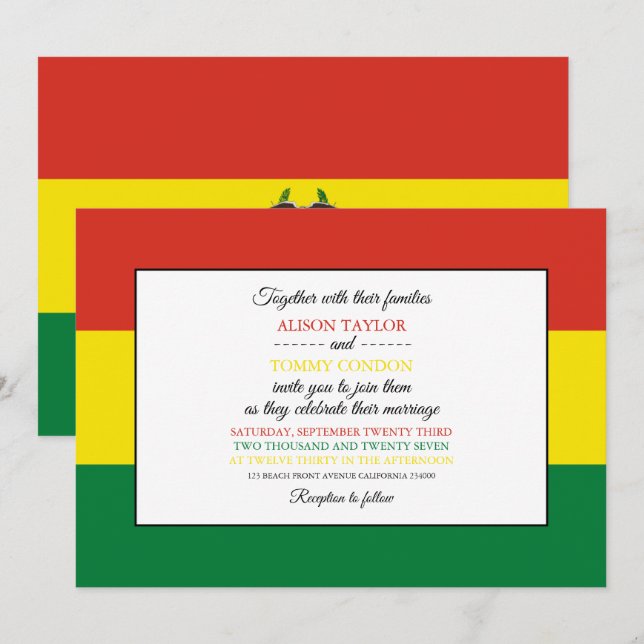 Bolivian Flag, Flag of Bolivia Wedding Invitation (Front/Back)