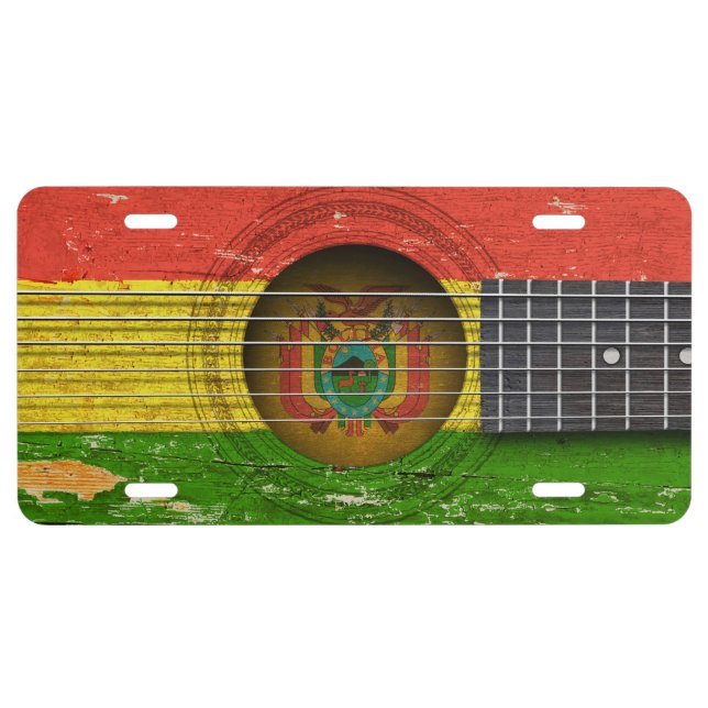Bolivian Flag on Old Acoustic Guitar License Plate (Front)
