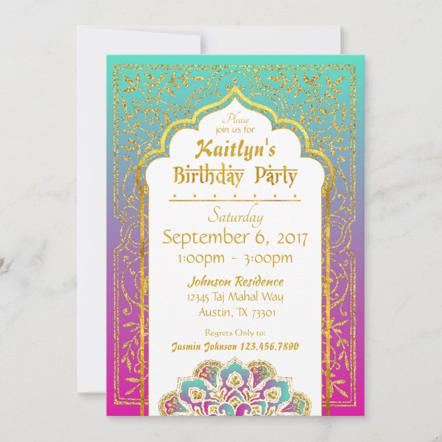 Bollywood Arabian Nights Birthday Invitation Card (Front)