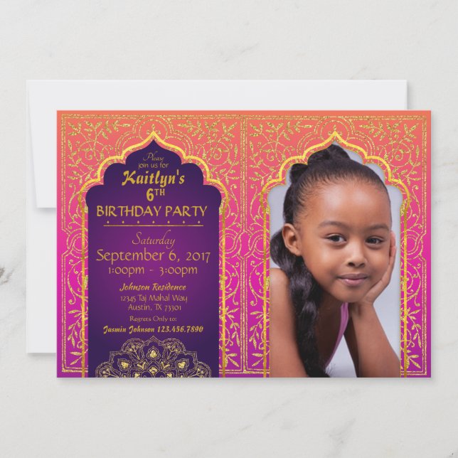 Bollywood Arabian Nights Birthday Invitation Card (Front)
