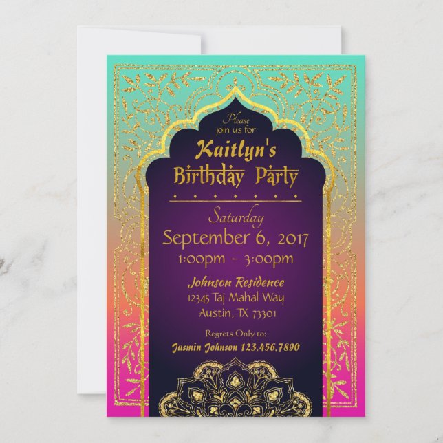 Bollywood Arabian Nights Birthday Invitation Card (Front)
