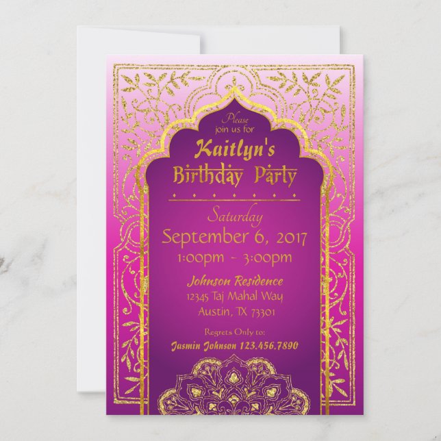 Bollywood Arabian Nights Birthday Invitation Card (Front)