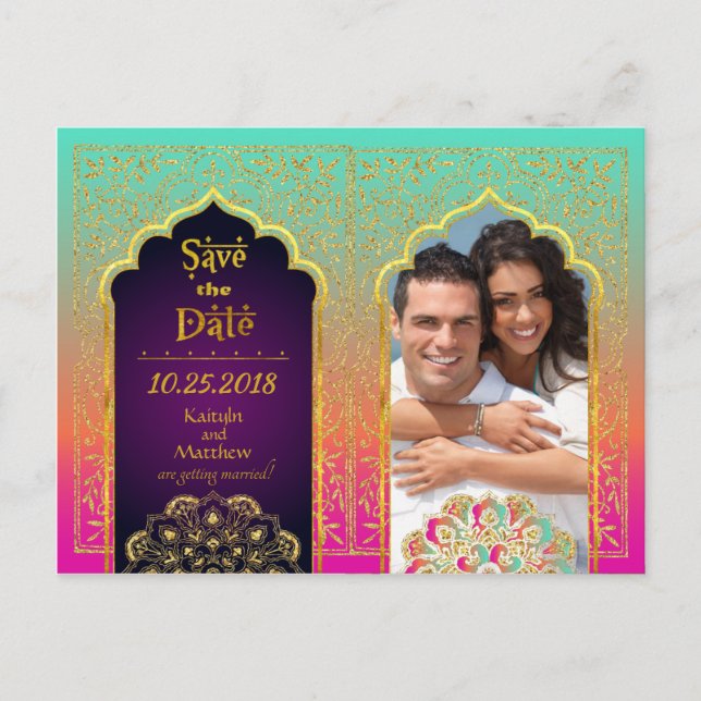 Bollywood Arabian Nights Save the Date Announcement Postcard (Front)