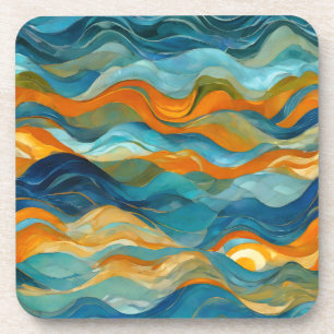 "Bolonia" Blue Green Orange Waves Beverage Coaster