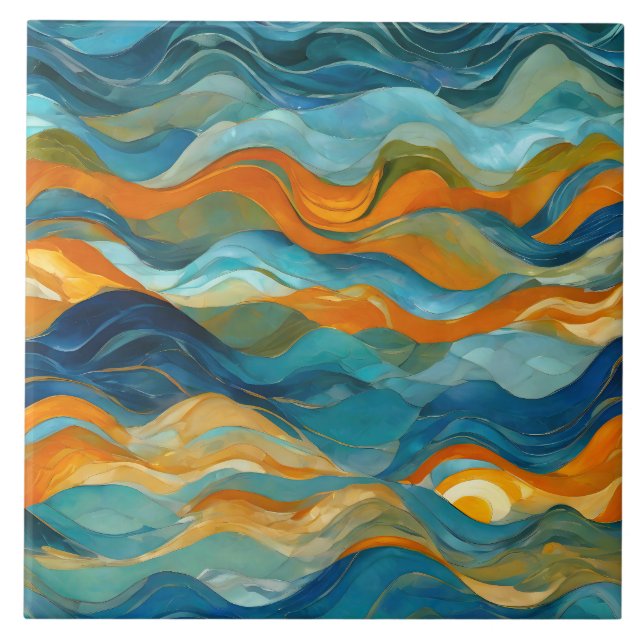 "Bolonia" Blue Green Orange Waves Ceramic Tile (Front)
