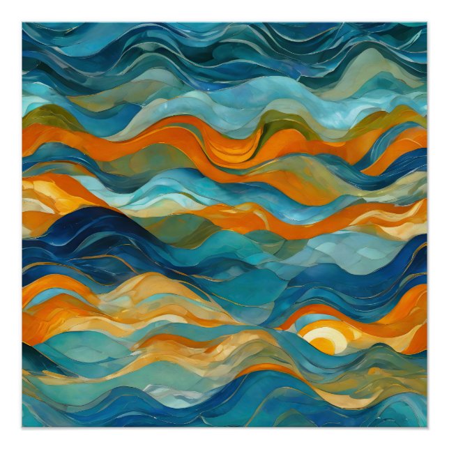 "Bolonia" Blue Green Orange Waves Poster (Front)