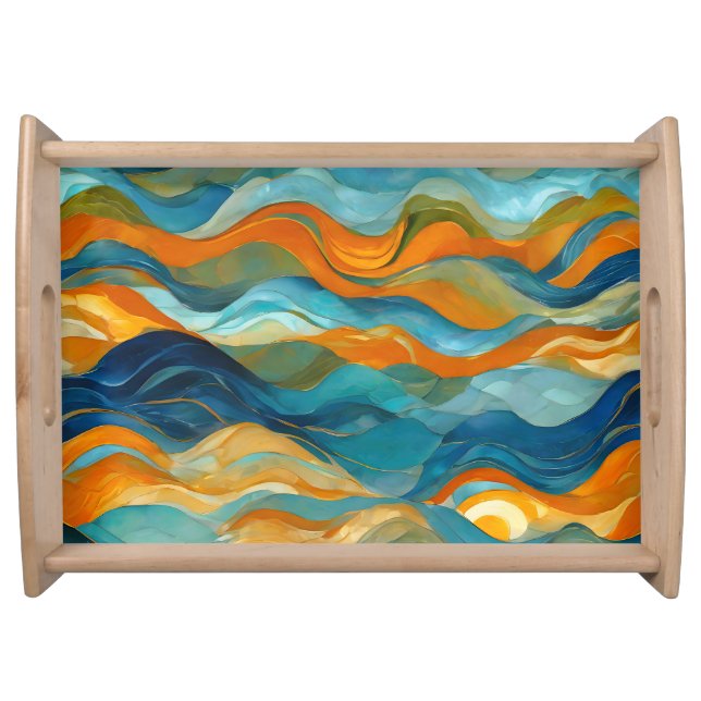 "Bolonia" Blue Green Orange Waves Serving Tray (Front)