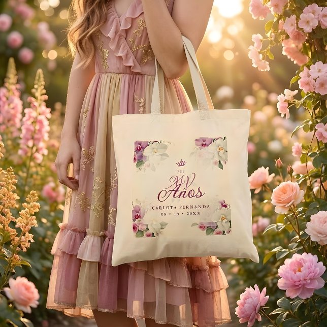 bolsa de tela tote bag (Romantic Exquisite Mis XV Años Spanish Floral Orchids Bouquets in Pink Shades Tote Bag. )