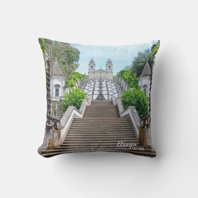 Bom Jesus Braga Sanctuary photo, with prayer Throw Pillow (Front)