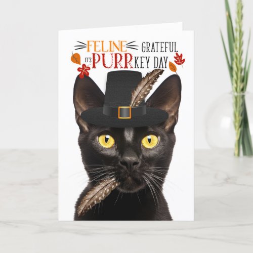 Bombay Black Cat Feline Grateful for PURRkey Day Holiday Card