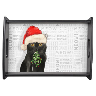 Bombay Black Cat with Mistletoe Fun Holiday Serving Tray