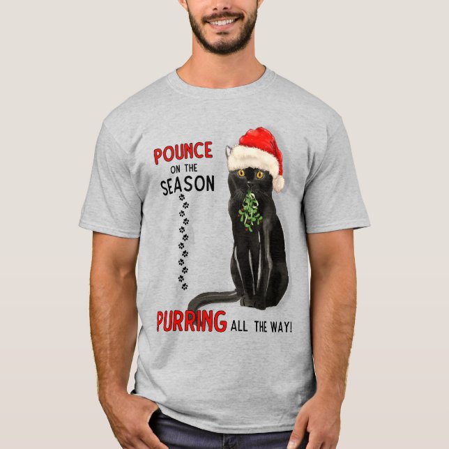 Bombay Cat Breed Black Kitty in a Santa Hat T-Shirt (Front)