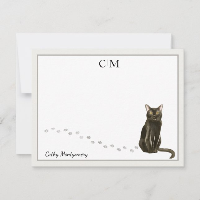 Bombay Cat Gray Border Monogram and Name Note Card (Front)