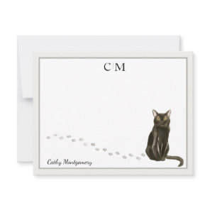Bombay Cat Gray Border Monogram and Name Note Card