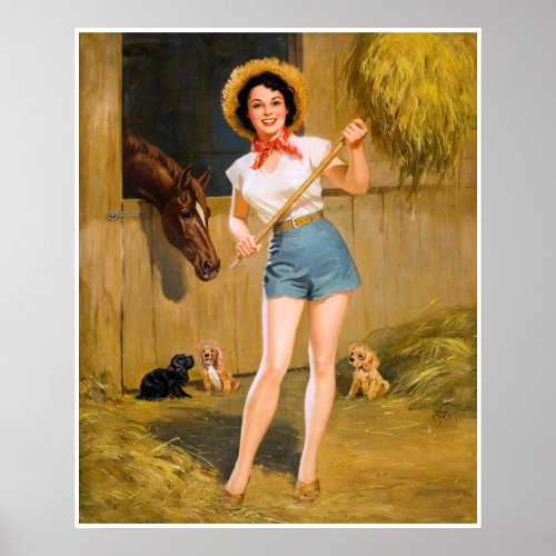 BOMBSHELL BAD GIRLS Retro Farm Girl Horse  Dogs Poster