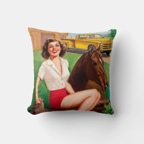 BOMBSHELL BAD GIRLS Retro Farm Girl  Horse Throw Pillow