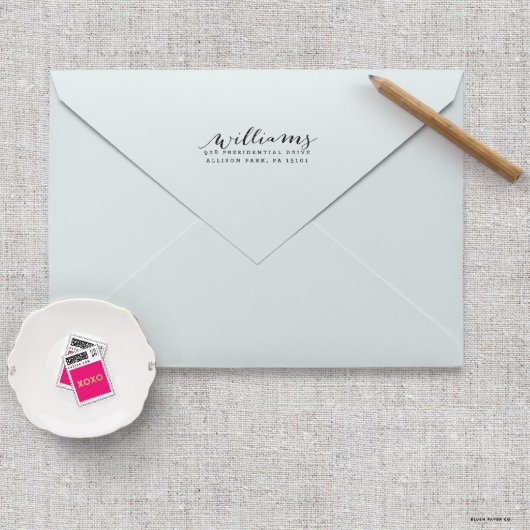 Bombshell Script Family Name Return Address Stamp (Envelope View)