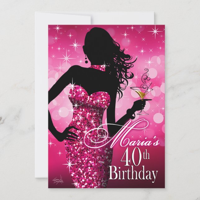 Bombshell Sparkle 40th Birthday | fuschia Dec 13th Invitation (Front)