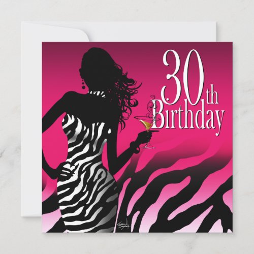 Bombshell Zebra 30th Birthday Party Fuschia Invitation