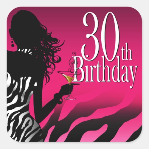 Bombshell Zebra 30th Birthday Party Fuschia Square Sticker