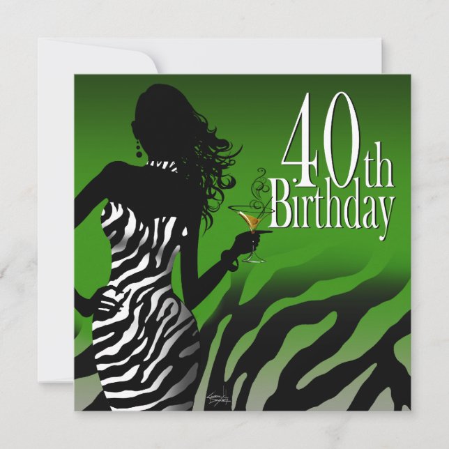 Bombshell Zebra 40th Birthday Party Bottle Green Invitation (Front)
