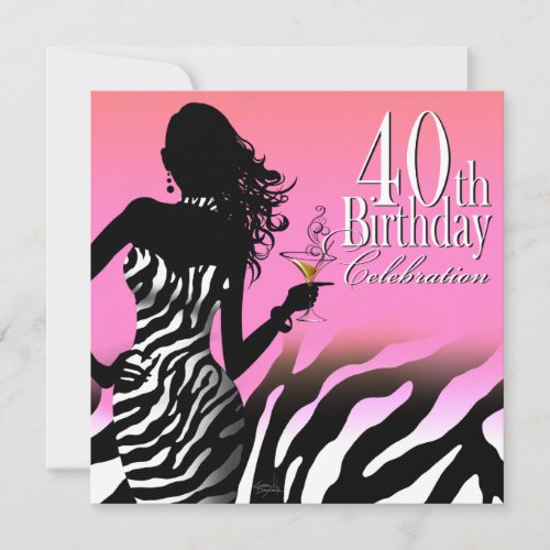Bombshell Zebra 40th Birthday Party Dress Pink Invitations