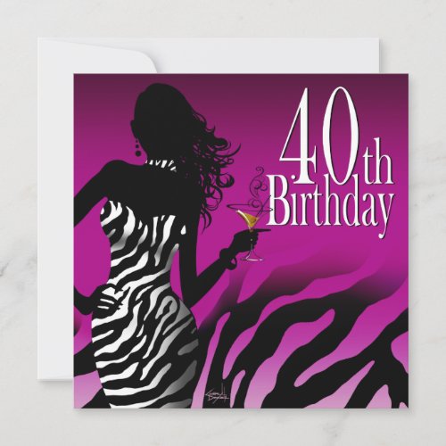 Bombshell Zebra 40th Birthday Party Purple Invites