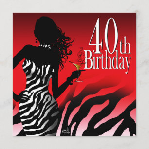 Bombshell Zebra 40th Birthday Party Red Invitation