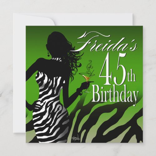 Bombshell Zebra 45th Birthday  green Invitation