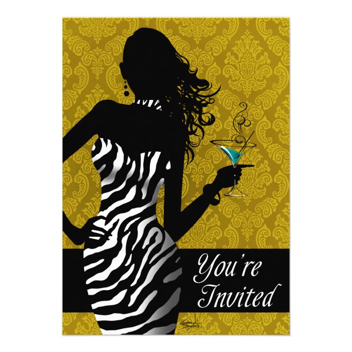 Bombshell Zebra Bachelorette Ladies Night Gold Custom Invite