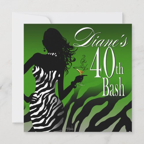 Bombshell Zebra Diane's 40th Birthday Green Invitation