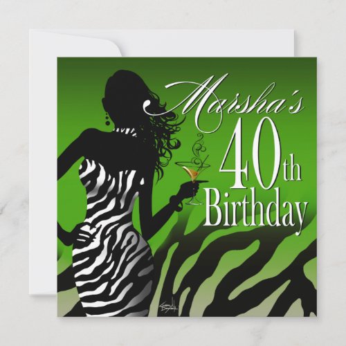 Bombshell Zebra Marshas 40th Birthday Green Invitation