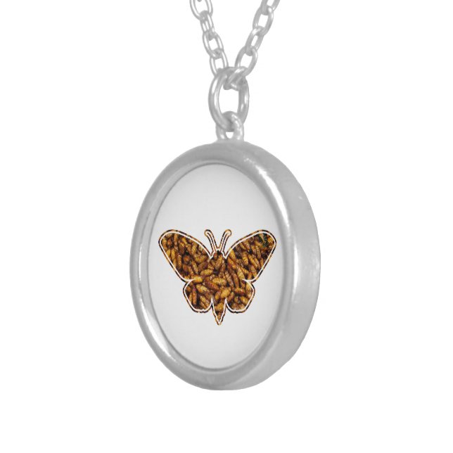 Bombyx Mori Silk Moth Life Cycle Silhouette Silver Plated Necklace (Front Right)