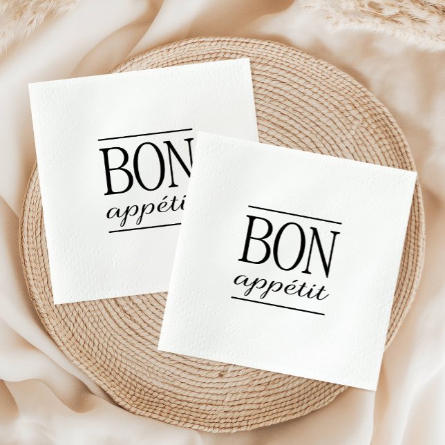 BON APPETIT Black And White Typography Paper Napkins (BON APPETIT Black & White Kitchen Quote Typography Paper Napkins)