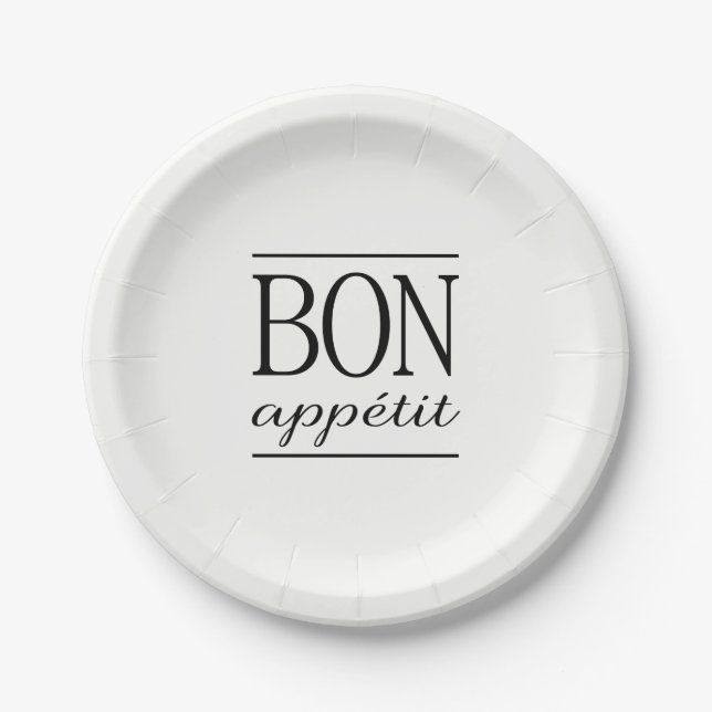 BON APPETIT Black Kitchen Quote Typography Text Paper Plates (Front)