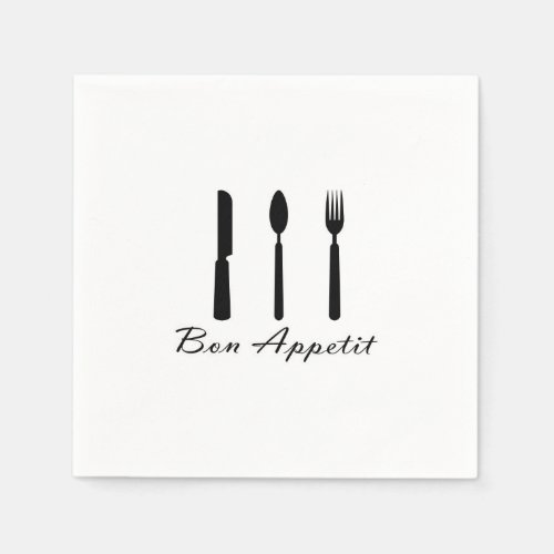 Bon Appetit Black on White Fork Knife and Spoon Napkins