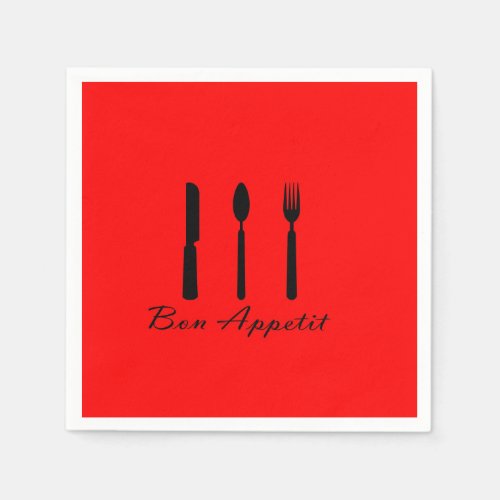 Bon Appetit Black Silverware on Red Paper Napkin