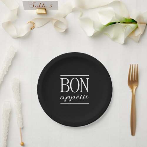 BON APPETIT Black  White Typography Food Quote Paper Plates