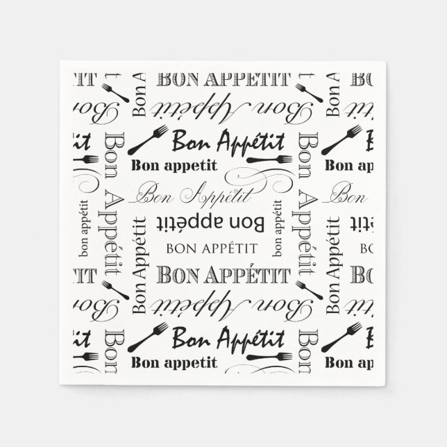 Bon Appetit Classic Black and White Pattern Paper Napkins (Front)
