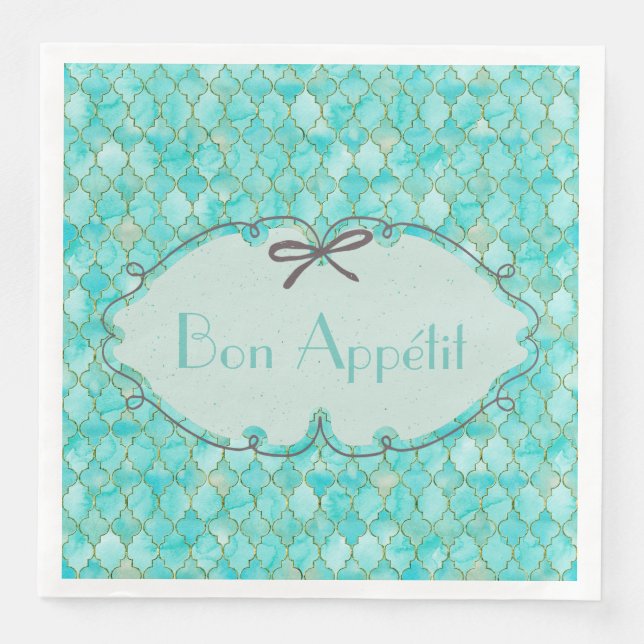 Bon Appétit -costumized Aqua Gold Maroccan pattern Paper Dinner Napkins (Front)