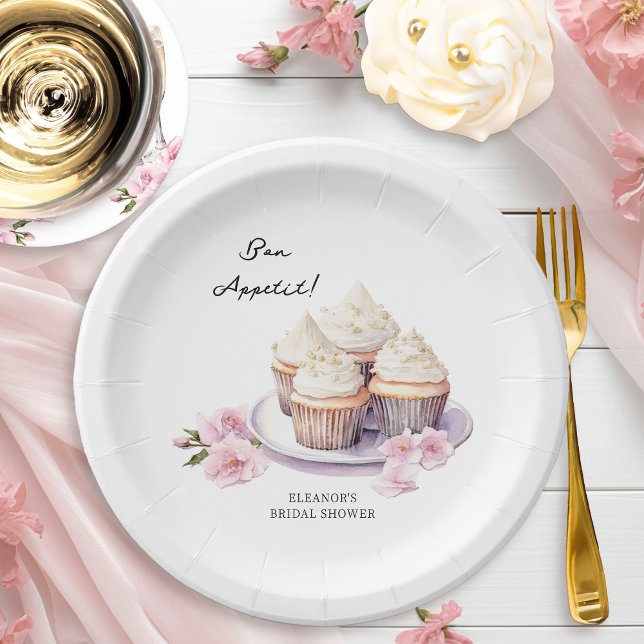 Bon Appetit Cupcakes and Pink Flowers Paper Plates (Paper Plates from Cupcakes and Cava Bridal Shower Collection by Darling & May)