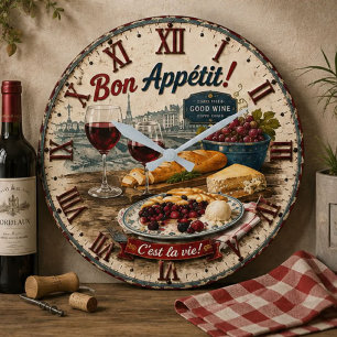 Bon Appétit French Paris Wine & Cheese Rustic Café Large Clock