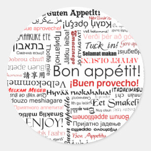 Bon appetit in many different languages typography classic round sticker