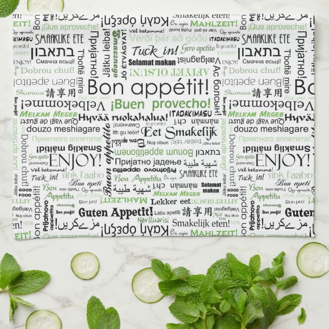 Bon appetit in other languages - green kitchen towel (Folded)