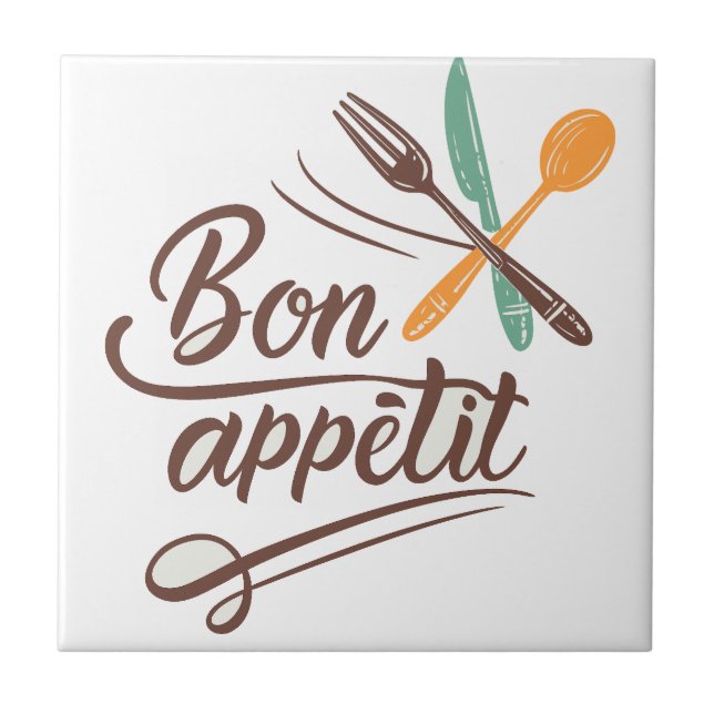 Bon Appétit Kitchen Decor Cutlery Illustration Ceramic Tile (Front)