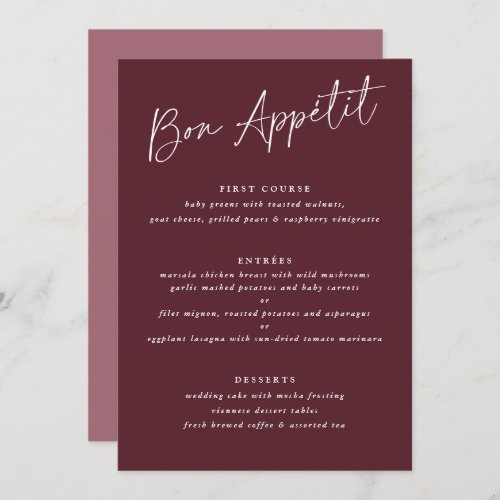 Bon Apptit Merlot Burgundy Handwriting Wedding Menu