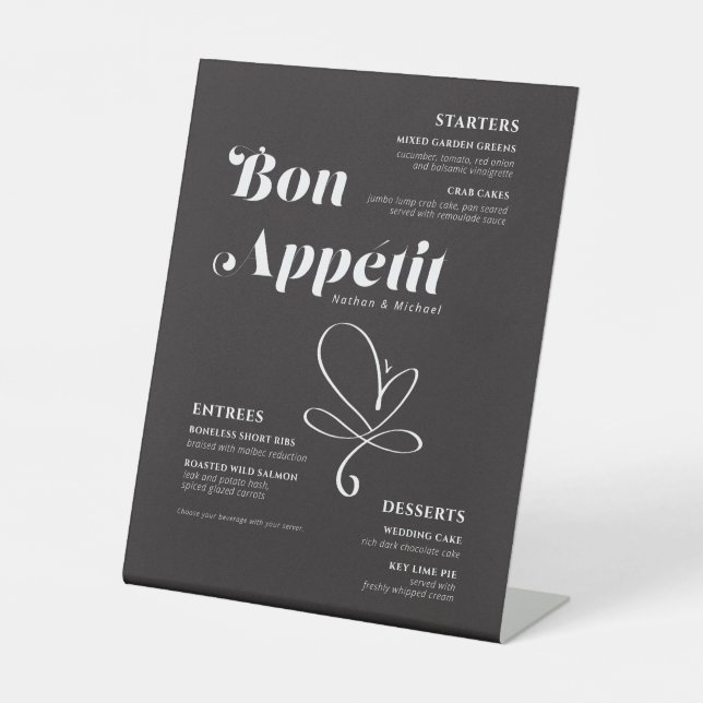 Bon Appetit Wedding Dinner Black White Menu Pedestal Sign (Front)